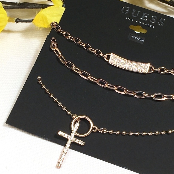 3/$30! GUESS Layered Necklace Cross Rose Gold - Picture 1 of 8